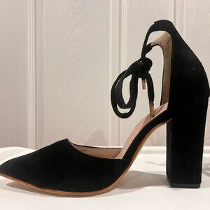 Black Pointed Toe Lace Up Block Heel Pumps Ankle Wrap Heels